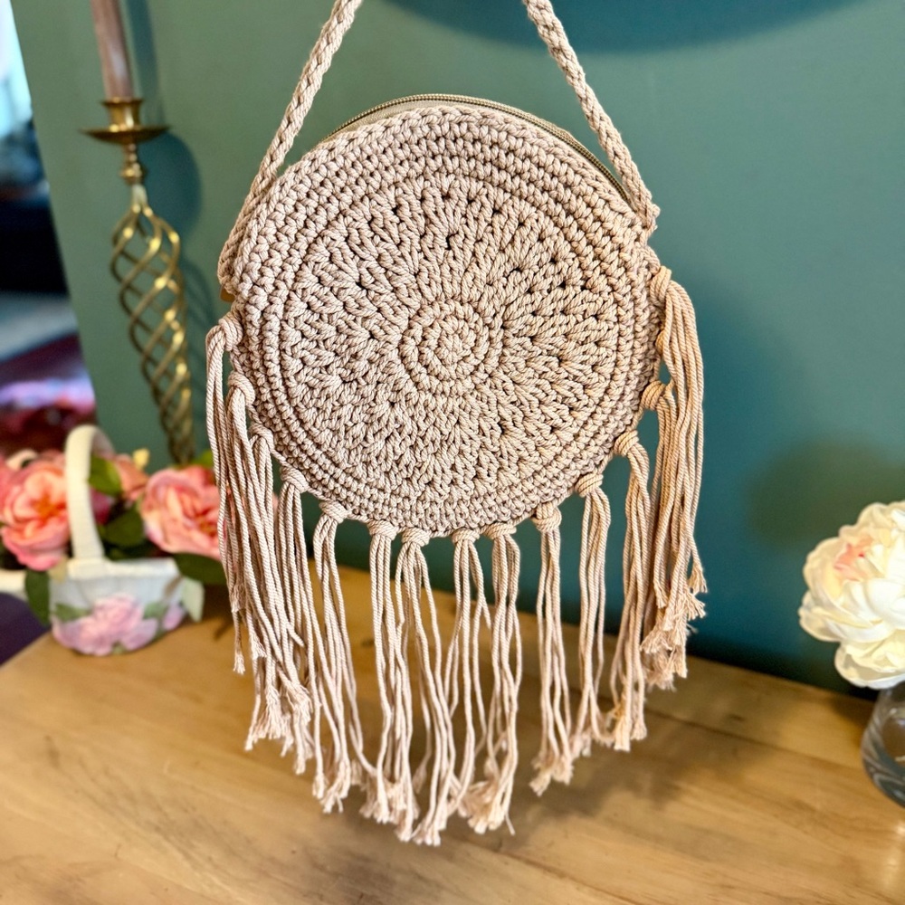 Sun n Sand Round Crochet Fringe Crossbody Boho Festival Bag